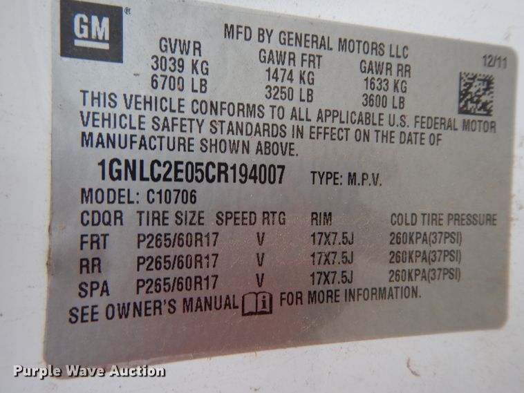 image for item DJ7458 2012 Chevrolet Tahoe Police  SUV