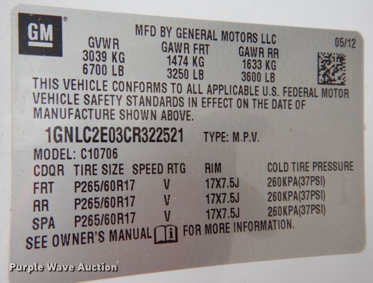 image for item DJ7462 2012 Chevrolet Tahoe Police  SUV