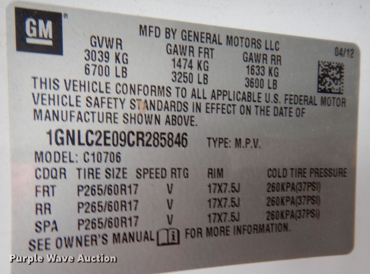 image for item DJ7469 2012 Chevrolet Tahoe Police  SUV