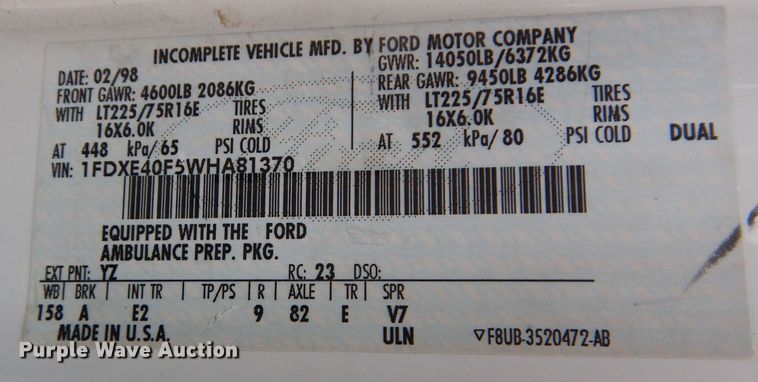 image for item DM0729 1998 Ford Econoline E450  ambulance