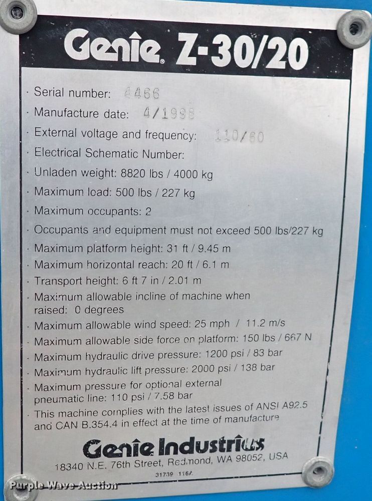 image for item IK9184 1998 Genie Z-30/20  boom lift