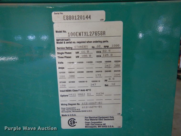 image for item JJ9905 Onan 100  generator