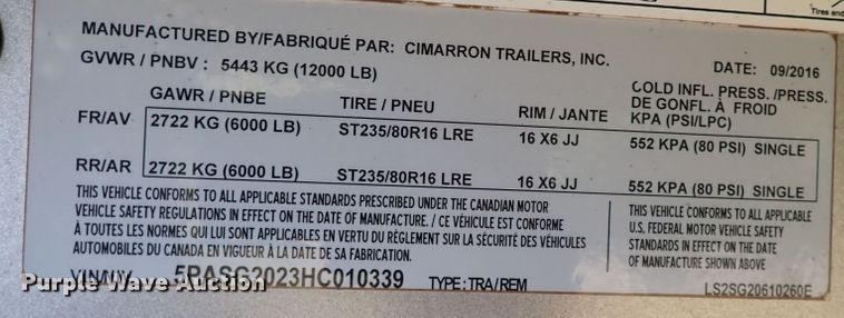 image for item DI5778 2017 Cimarron  livestock trailer