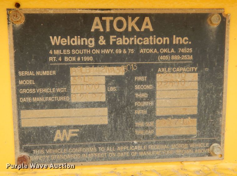 image for item DJ7475 1997 Atoka Welding & Fabrication LB  drop deck equipment trailer
