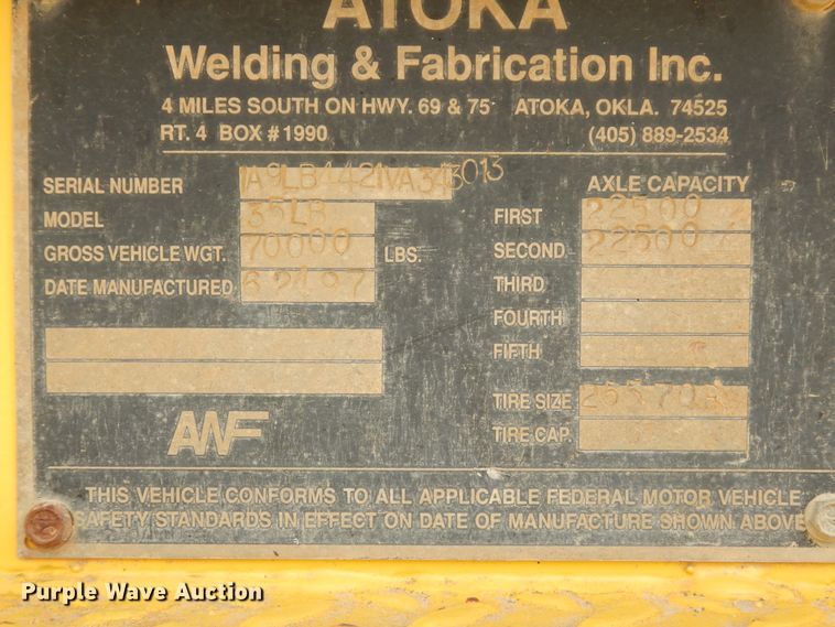 image for item DJ7475 1997 Atoka Welding & Fabrication LB  drop deck equipment trailer