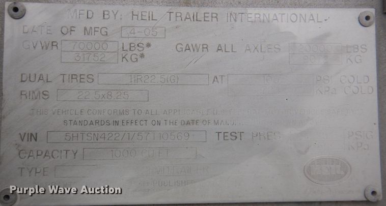 image for item DK1359 2005 Heil  pneumatic dry bulk trailer