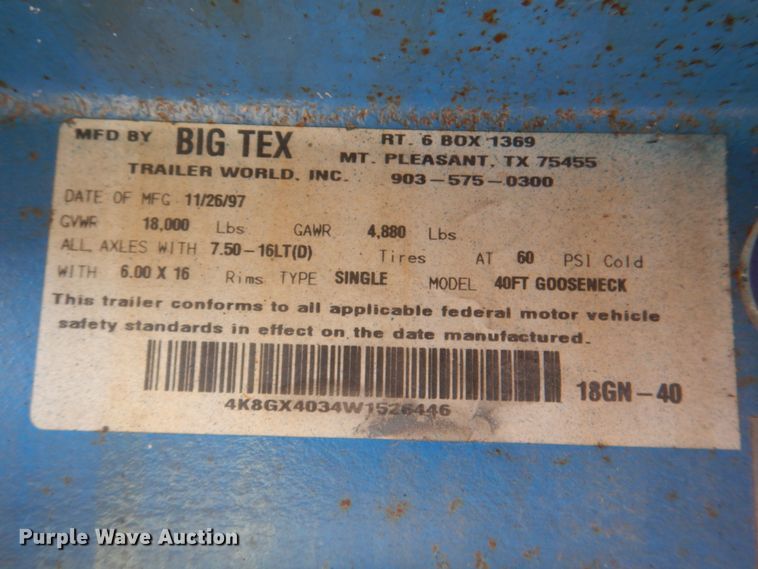 image for item DL0103 1998 Big Tex 18GN-40  equipment trailer