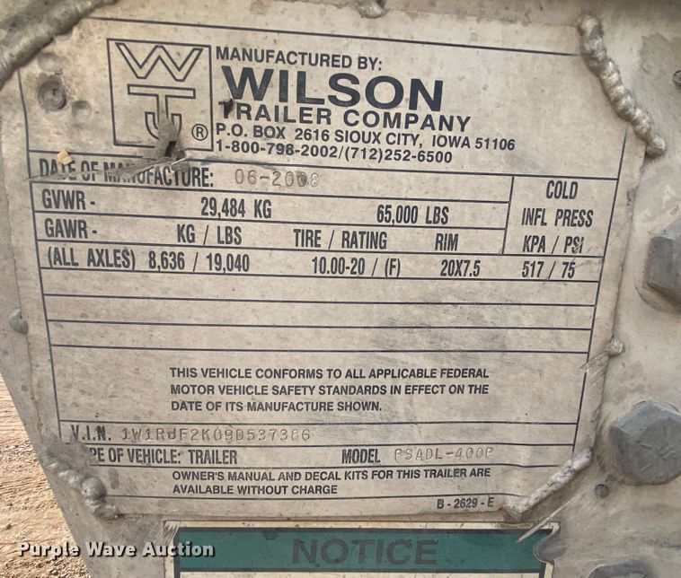 image for item DL6166 2009 Wilson PSADL-400P  livestock trailer