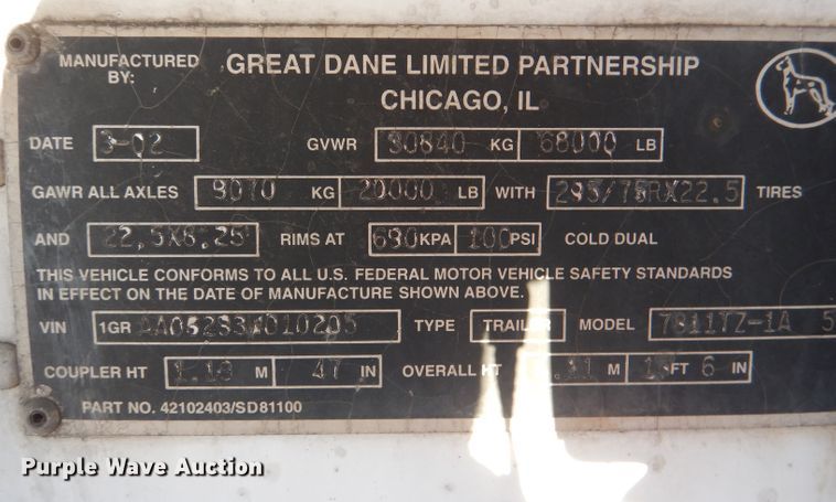 image for item DN5321 2003 Great Dane 7811TZ-1A 53  refrigerated van trailer