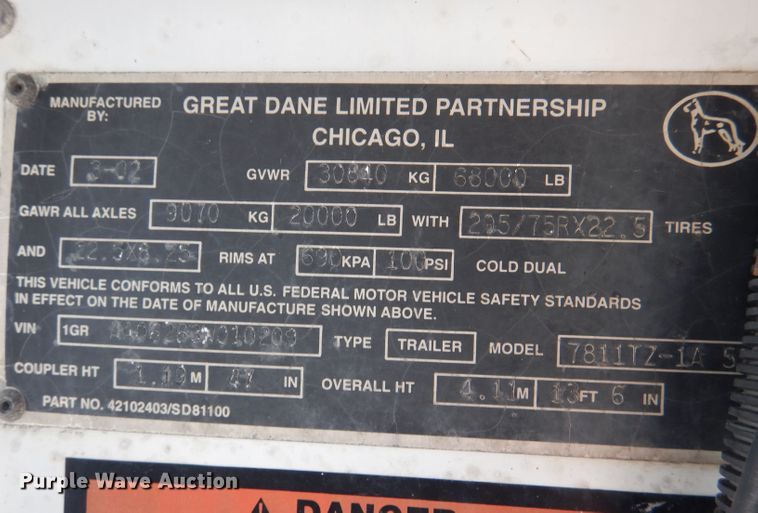 image for item DN5323 2003 Great Dane 7811TZ-1A 53  refrigerated van trailer