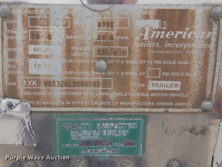 image for item DN6522 1990 American Trailers Inc A751  dry van trailer