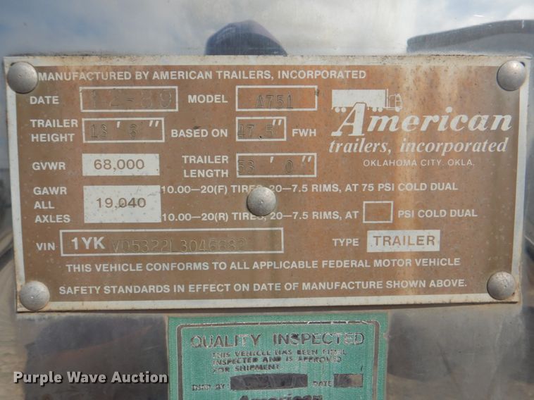 image for item DN6523 1990 American Trailer Inc A751  dry van trailer