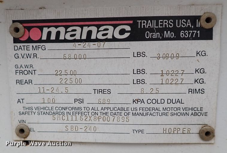 image for item IC9606 2008 Manac SBD-240  bottom dump trailer