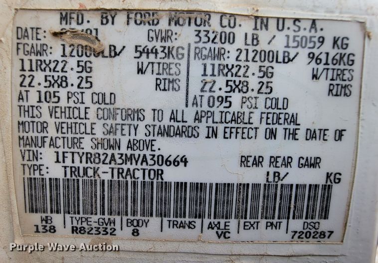 image for item ID9534 1991 Ford LN8000  dump flatbed truck