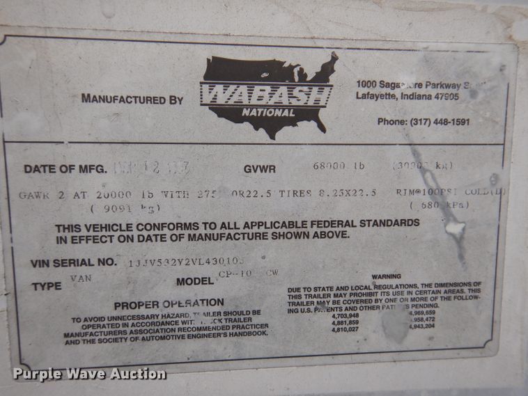 image for item KY9672 1997 Wabash CP-10  dry van trailer