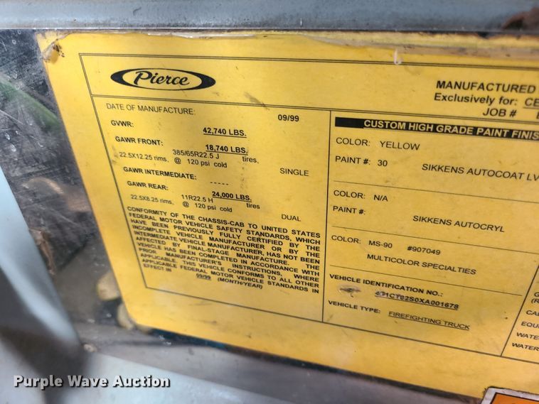 image for item DJ1517 1999 Pierce  fire truck