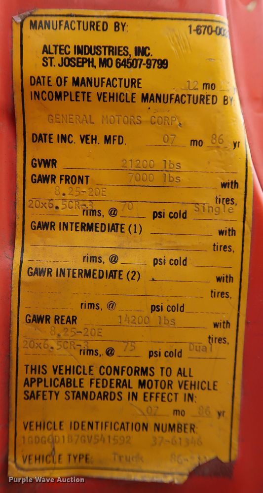 image for item DL0634 1986 GMC C6500  bucket truck