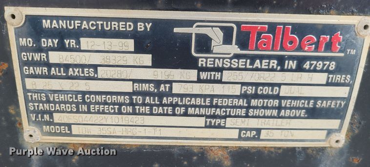 image for item DN5725 2000 Talbert TDW-35SA-HRG-1-T1  lowboy equipment trailer