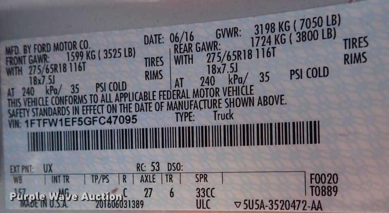 image for item EX9664 2016 Ford F150  SuperCrew pickup truck