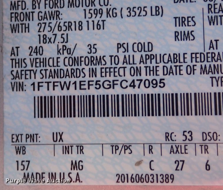 image for item EX9664 2016 Ford F150  SuperCrew pickup truck