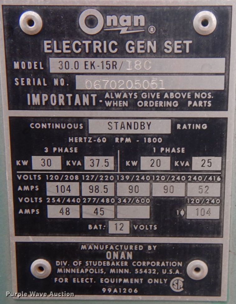 image for item ID9170 Onan 30EK  generator