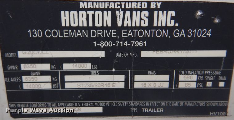 image for item JJ9910 2011 Horton Van's Inc  enclosed cargo trailer