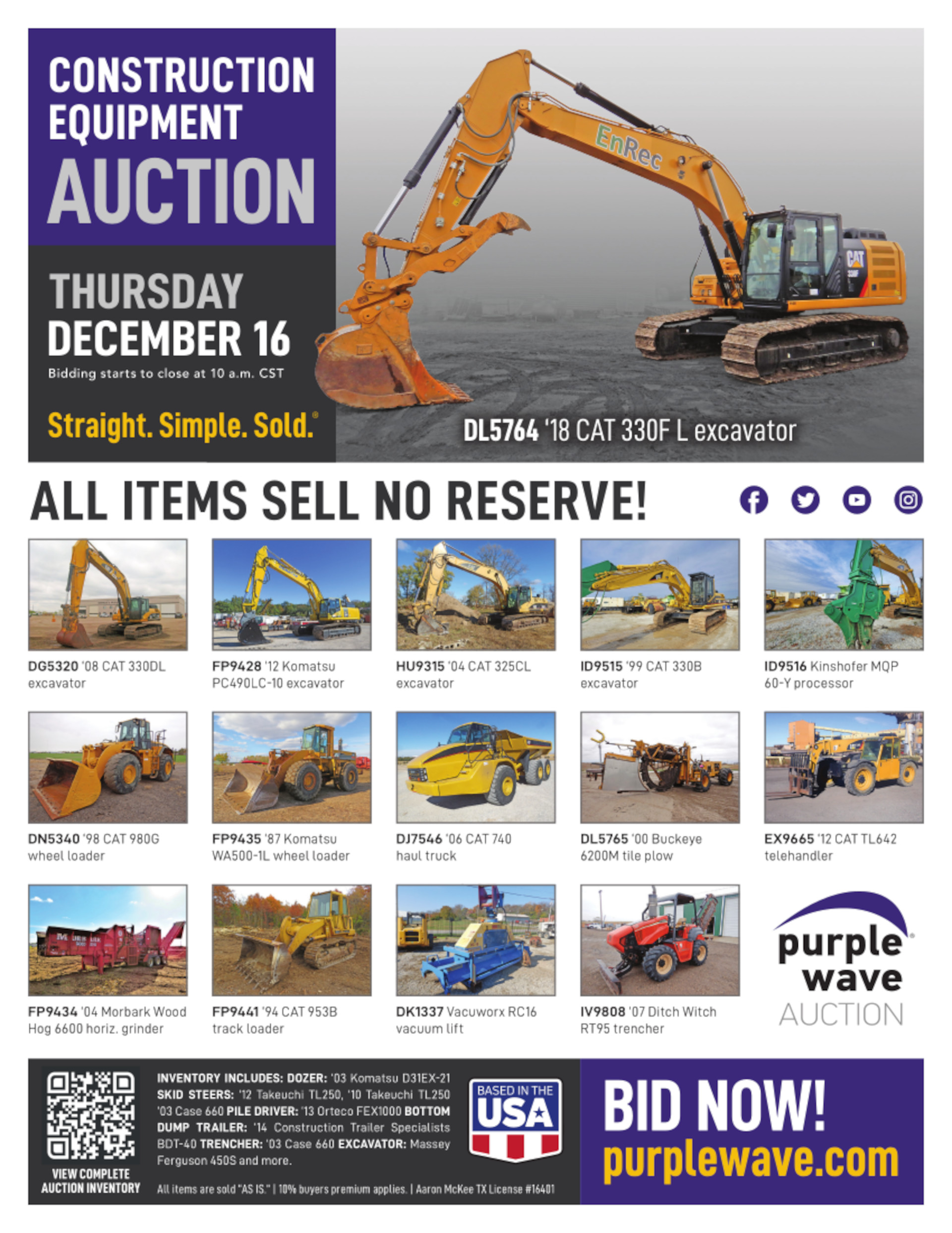 SOLD! Construction Equipment Auction Items Sold 12162021 Purple