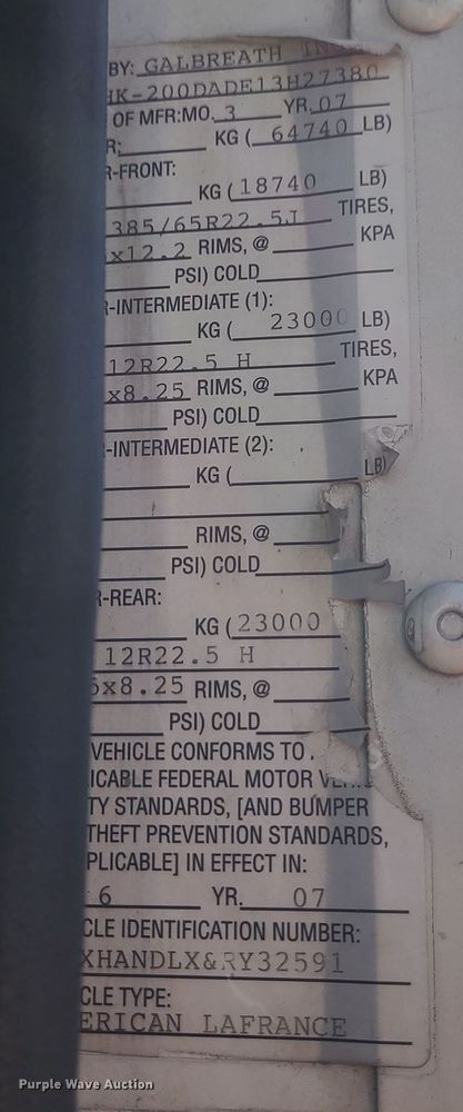 image for item EZ9239 2007 American Lafrance Condor  truck cab and chassis