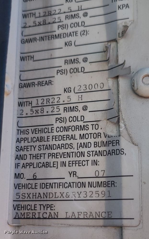 image for item EZ9239 2007 American Lafrance Condor  truck cab and chassis