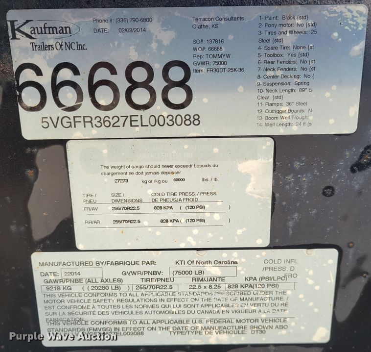 image for item IV9588 2014 Kaufman DT30  lowboy equipment trailer
