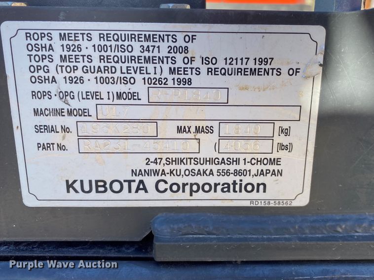 image for item DL6752 2019 Kubota U17  mini excavator