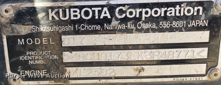 image for item DL6752 2019 Kubota U17  mini excavator