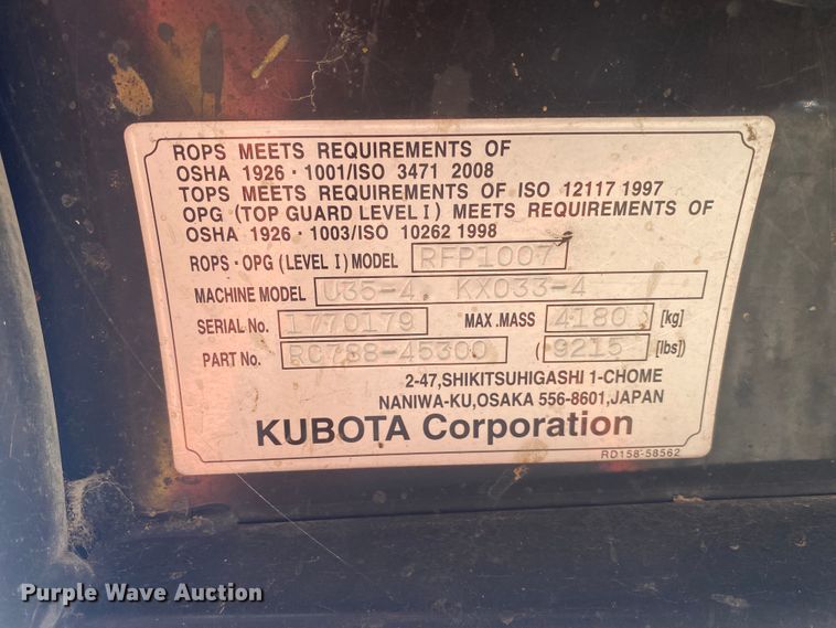 image for item DL6758 2017 Kubota U35-4  mini excavator