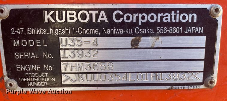 image for item DL6758 2017 Kubota U35-4  mini excavator