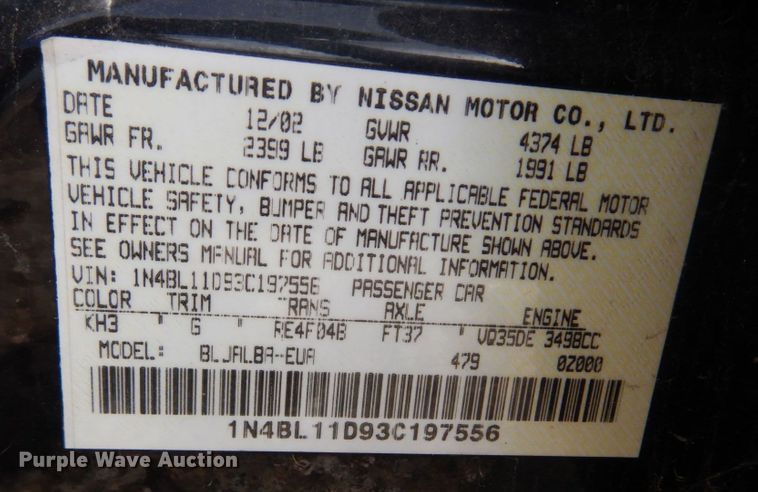 image for item DH8072 2003 Nissan Altima 3.5 SE