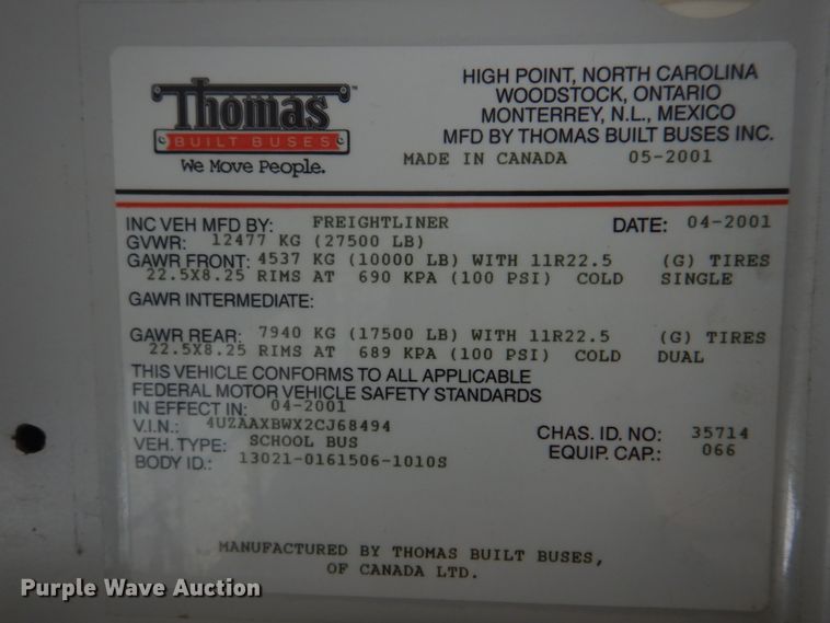 image for item DH8122 2002 Freightliner  Thomas Built school bus