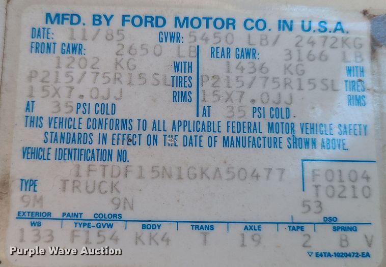 image for item DJ1642 1986 Ford F150  pickup truck