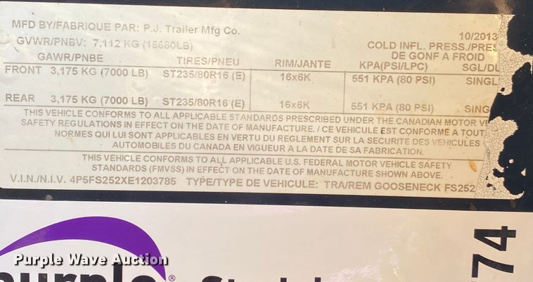 image for item DL6774 2013 PJ Trailer FS252  equipment trailer