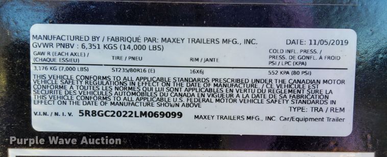 image for item DL6775 2020 Maxey  equipment trailer