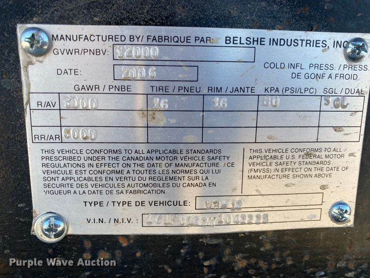 image for item DN6595 2006 Belshe WB-12  equipment trailer