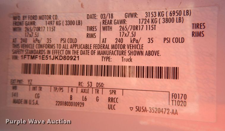 image for item HU9352 2018 Ford F150  pickup truck