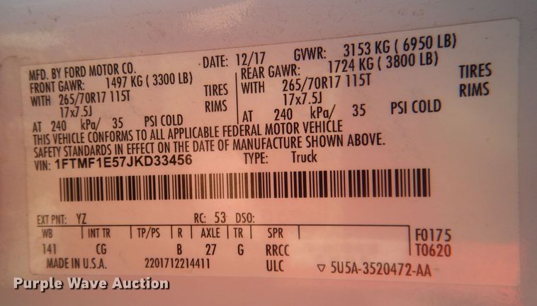 image for item HU9353 2018 Ford F150  pickup truck