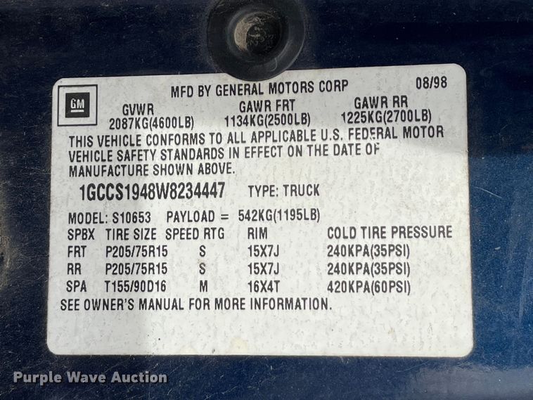 image for item IJ9503 1998 Chevrolet S10  Ext. Cab pickup truck