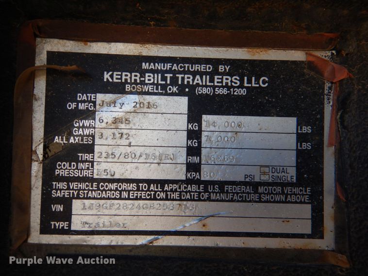 image for item JD9485 2016 Kerr-Bilt  equipment trailer