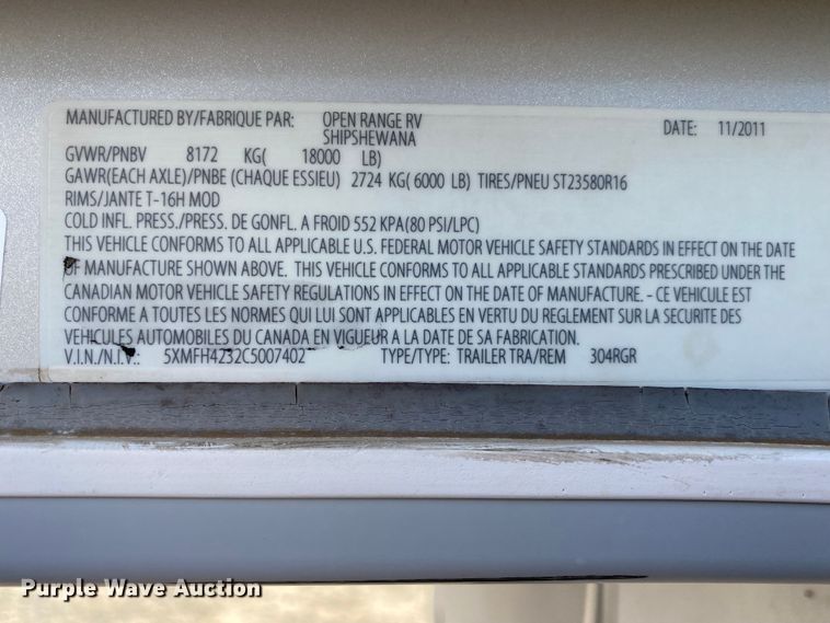 image for item JN9113 2012 Open Range 304RGR  camper