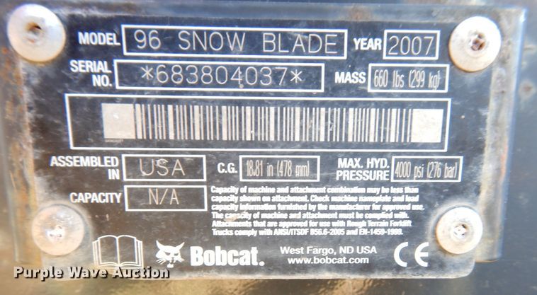 image for item KA9669 Bobcat 8'W skid steer snow plow