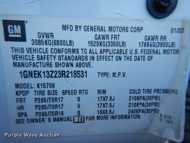 image for item KH9097 2003 Chevrolet Tahoe  SUV