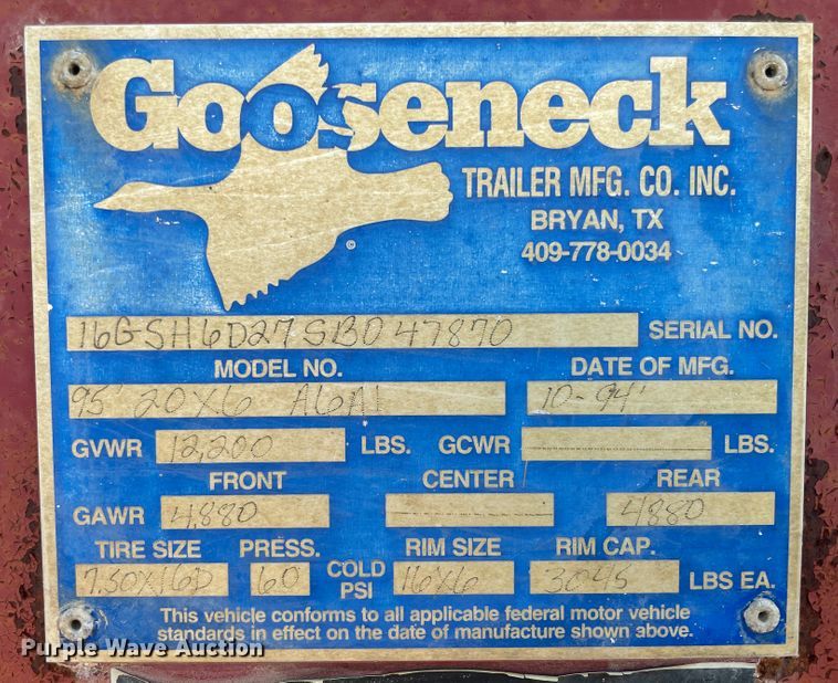 image for item IX9563 1995 Gooseneck A6A1  livestock trailer