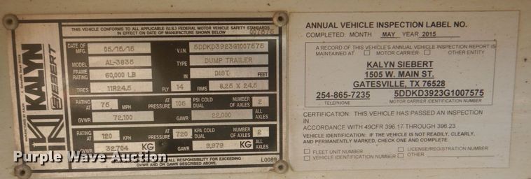 image for item DH7311 2016 Kalyn Siebert AL-3835  end dump trailer