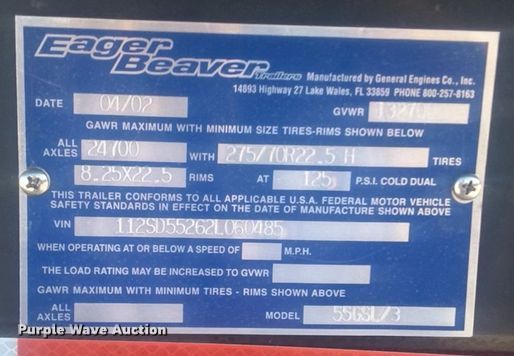 image for item DH8085 2002 Eager Beaver 55GSL  lowboy equipment trailer